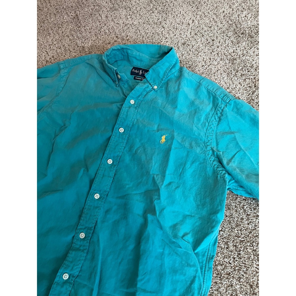 Ralph Lauren Mens Button Down SS Shirt Medium Teal Blue Linen Silk Classic Fit